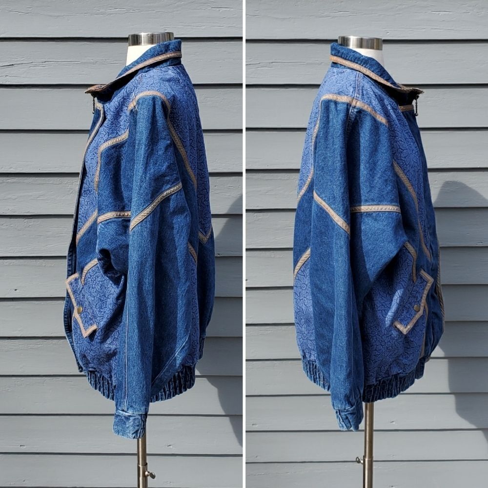 Vintage 90s y2k Blue Denim Jean‎ Floral Bomber Jacket Coat Unisex Large - Picture 2 of 6